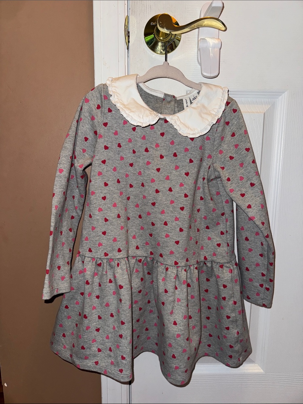 Janie and Jack Gray Dress with White Peter Pan Collar and Pink Hearts